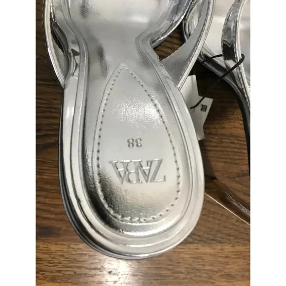 Zara Silver Metallic Strappy Slip On Heels US 7.5 / EUR 38 - Picture 11 of 14
